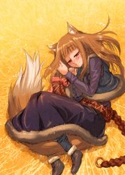 Rule 34 | 1girl, absurdres, animal ears, ankle boots, bag, black ribbon, blue vest, blunt bangs, blush, boots, brown footwear, closed mouth, cropped vest, fetal position, from above, fur-trimmed boots, fur-trimmed vest, fur trim, half-closed eyes, highres, holo, koume keito, long hair, long skirt, long sleeves, looking at viewer, looking up, lying, nose blush, official art, on side, open clothes, open vest, purple skirt, purple sweater, red eyes, ribbon, scan, skirt, smile, solo, spice and wolf, sweater, tail, vest, wolf ears, wolf tail