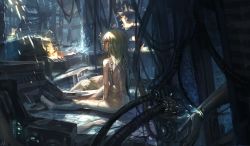 Rule 34 | android, artist name, blonde hair, broken, broken glass, cable, crash landing, from behind, glass, long hair, multiple girls, nude, original, ox (baallore), sitting, sparks, wreckage