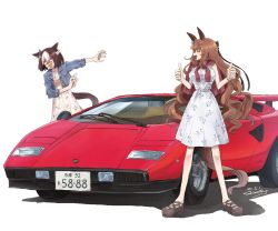 Rule 34 | 2girls, animal ears, brown hair, brown tail, car, commentary, dated, dizzy, double thumbs up, dress, floral print, highres, horse ears, horse girl, horse tail, jacket, jacket on shoulders, lamborghini, license plate, maruzensky (umamusume), motor vehicle, multicolored hair, multiple girls, name connection, object namesake, platform footwear, shaded face, shimady24, short dress, short sleeves, special week (umamusume), sports car, tail, tearing up, thumbs up, two-tone hair, umamusume, vehicle focus, white hair