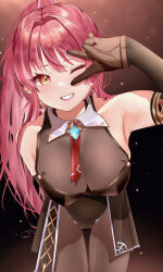 Rule 34 | 1girl, absurdres, arm behind back, bare shoulders, bent over, black background, bodystocking, breasts, brooch, cleavage, covered erect nipples, cowboy shot, downblouse, earrings, glint, gloves, grin, hair intakes, hanging breasts, highres, hololive, houshou marine, houshou marine (marching band), impossible clothes, jewelry, lace trim, large breasts, leotard, long hair, looking at viewer, maka aratame, multicolored hair, one eye closed, ponytail, red hair, see-through, see-through cleavage, simple background, smile, solo, streaked hair, thigh gap, v over eye, virtual youtuber, yellow eyes