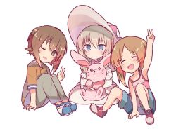 Rule 34 | 10s, 3girls, aged down, arm up, blue eyes, blue footwear, blue shorts, bow, brown pants, closed eyes, closed mouth, commentary, dress, facing viewer, girls und panzer, hat, hat bow, head tilt, holding, holding stuffed toy, invisible chair, itsumi erika, light frown, long dress, long hair, long sleeves, looking at viewer, miluke, multiple girls, nishizumi maho, nishizumi miho, one eye closed, open mouth, orange shirt, pants, pink bow, pink shirt, red footwear, shirt, shoes, short hair, short sleeves, shorts, siblings, silver hair, sisters, sitting, smile, stuffed animal, stuffed rabbit, stuffed toy, sun hat, tank top, v, white dress, white hat