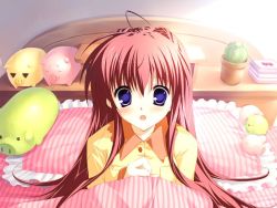 Rule 34 | 1girl, ahoge, asakura nanao, bed, blue eyes, cactus, frilled pillow, frills, game cg, indoors, long hair, lyrical lyric, messy hair, mikeou, non-web source, pajamas, piggy bank, pillow, plant, red hair, solo, striped, under covers, very long hair