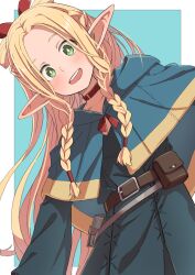 Rule 34 | 1girl, belt, blonde hair, blue capelet, blue robe, book, braid, capelet, choker, dungeon meshi, elf, french braid, green eyes, hair ribbon, highres, hood, hooded capelet, long hair, long sleeves, marcille donato, neko (hansinn), open mouth, outstretched arms, parted bangs, pointy ears, red choker, ribbon, robe, side braid, sidelocks, simple background, smile, very long hair, white background