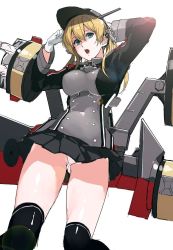 Rule 34 | 10s, 1girl, anchor hair ornament, blonde hair, blue eyes, from below, gloves, hair ornament, hat, highres, kantai collection, long hair, looking at viewer, microskirt, military, military uniform, open mouth, panties, pantyshot, peaked cap, pleated skirt, prinz eugen (kancolle), ruuto (sorufu), simple background, skirt, solo, thighhighs, underwear, uniform, white gloves, white panties