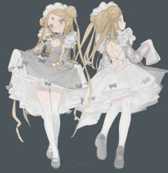 Rule 34 | 1girl, abigail williams (fate), backless outfit, blonde hair, character name, cleavage cutout, clothing cutout, crossed legs, double bun, fate/grand order, fate (series), flat chest, from behind, full body, grey background, grey eyes, hair bun, highres, long hair, long sleeves, looking at viewer, maid headdress, multiple views, nemo (leafnight), simple background, skirt hold, thighhighs, watson cross, white thighhighs