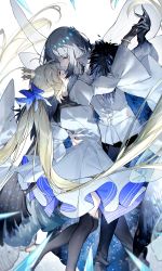 Rule 34 | 1boy, 1girl, artoria caster (fate), artoria caster (third ascension) (fate), artoria pendragon (fate), black cape, black gloves, black pants, black socks, blonde hair, blouse, blue bow, blue eyes, bow, bracelet, buttons, cape, claws, closed eyes, commentary, couple, crown, dancing, diamond hairband, dress, fate/grand order, fate (series), feet out of frame, fur cape, gloves, grey hair, hair bow, hand on another&#039;s waist, hetero, highres, insect wings, jewelry, kamiowl, kneehighs, long hair, long sleeves, looking at another, looking down, mini crown, oberon (fate), oberon (third ascension) (fate), pants, puffy sleeves, shirt, short hair, socks, spoilers, symbol-only commentary, twintails, white dress, white shirt, wings