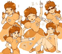 1girl brown_hair closed_eyes crown dress earrings flower_earrings highres jewelry laughing long_hair mario_(series) multiple_views nintendo one_eye_closed onirizu orange_dress orange_footwear orange_shorts princess_daisy puffy_short_sleeves puffy_sleeves short_sleeves shorts simple_background socks sunglasses tennis_daisy white_background white_socks