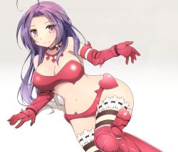 Rule 34 | 1girl, ahoge, arm support, bare shoulders, blush, breasts, choker, cleavage, elbow gloves, frilled thighhighs, frills, gloves, idolmaster, idolmaster (classic), large breasts, long hair, looking at viewer, lying, midriff, miura azusa, navel, nightmare blood, on side, purple hair, red eyes, shadow, smile, solo, spikes, striped clothes, striped thighhighs, thighhighs, van-s