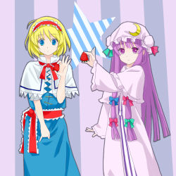 Rule 34 | 2girls, alice margatroid, blonde hair, blue eyes, bow, capelet, crescent, crescent moon, dress, female focus, food, fruit, hair bow, hair ribbon, hairband, hat, highres, holding, holding food, holding fruit, k-on!, listen!!, long hair, moon, multiple girls, parody, patchouli knowledge, pinky out, purple eyes, purple hair, ribbon, short hair, smile, star (symbol), strawberry, touhou, tucana