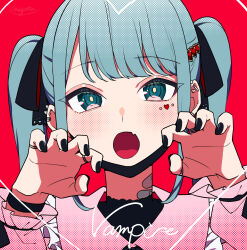 Rule 34 | 1girl, :o, aqua eyes, aqua hair, bandaid, bandaid on neck, black nails, black ribbon, blouse, blush, claw pose, commentary request, ear piercing, english text, fang, framed, frilled shirt, frills, hair ornament, hair ribbon, hairclip, halftone, hatsune miku, heart, heart hair ornament, highres, jewelry, looking at viewer, mask, mouth mask, multiple rings, nail polish, odd (miyoru), open mouth, piercing, pink shirt, portrait, red background, ribbon, ring, shirt, sidelocks, simple background, skin fang, solo, song name, sticker on face, twintails, vampire (vocaloid), vocaloid