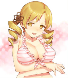 Rule 34 | 10s, 1girl, bad id, bad pixiv id, bikini, blonde hair, breast hold, breasts, cleavage, drill hair, kaida bola, large breasts, looking at viewer, mahou shoujo madoka magica, mahou shoujo madoka magica (anime), open mouth, pink bikini, short hair, smile, solo, swimsuit, tareme, tomoe mami, twin drills, twintails, upper body, yellow eyes
