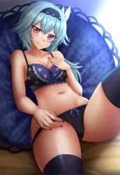 Rule 34 | 1girl, :q, bare arms, bare shoulders, black panties, black thighhighs, blue bra, blue hair, blue nails, blush, bow, bow panties, bra, breasts, cleavage, closed mouth, collarbone, commentary, english commentary, eula (genshin impact), genshin impact, groin, hair between eyes, head tilt, highres, kazenokaze, knee up, lace, lace-trimmed bra, lace trim, long hair, looking at viewer, medium breasts, nail polish, navel, panties, pillow, purple eyes, revision, smile, solo, thighhighs, tongue, tongue out, underwear, underwear only