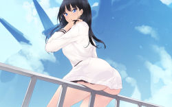 Rule 34 | 10s, 1girl, :o, adjusting hair, ass, black hair, blue eyes, breasts, cait aron, cardigan, cloud, commentary, day, from behind, gridman universe, long hair, looking at viewer, looking back, looking down, medium breasts, on railing, parted lips, railing, sitting, skirt, sky, solo, ssss.gridman, takarada rikka, thighs