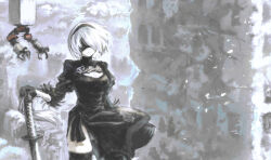 Rule 34 | 1girl, blindfold, breasts, cleavage cutout, closed mouth, clothing cutout, commentary request, cowboy shot, expressionless, gloves, greyscale, hairband, katana, long sleeves, medium breasts, mogukk, monochrome, nier:automata, nier (series), panties, pod (nier:automata), short hair, spot color, sword, thighhighs, underwear, weapon, 2b (nier:automata)