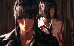 Rule 34 | 2girls, absurdres, black eyes, black hair, black jacket, blood, blood on clothes, blood on face, blunt bangs, blurry, blurry background, bob cut, close-up, closed mouth, collared shirt, commentary, dress shirt, ear piercing, english commentary, eyeliner, eyeshadow, glaring, guweiz, hair ornament, hairclip, highres, jacket, lips, lipstick, long hair, looking at viewer, looking to the side, loose necktie, makeup, mascara, multiple girls, necktie, original, piercing, red lips, shirt, short hair, sunlight, white shirt