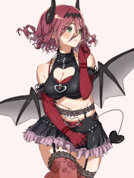 Rule 34 | 1girl, arm garter, assault lily, bare shoulders, bat wings, black horns, black shirt, black skirt, black wings, blush, breasts, brown thighhighs, cleavage, cleavage cutout, closed mouth, clothing cutout, collarbone, commentary, cowboy shot, crop top, demon costume, demon horns, demon tail, elbow gloves, fake horns, fake tail, fake wings, floating hair, floral print, frilled skirt, frills, garter belt, gloves, green eyes, hair between eyes, halloween costume, hatsukano you, heart cutout, highres, horns, leg up, long bangs, looking away, looking to the side, medium breasts, medium hair, midriff, miniskirt, navel, o (ooorrrmm), official alternate costume, pink background, print gloves, print thighhighs, red gloves, red hair, rose print, shirt, simple background, skirt, sleeveless, sleeveless shirt, solo, standing, standing on one leg, stomach, tail, thighhighs, tiara, wings, zettai ryouiki
