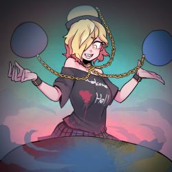 Rule 34 | 1girl, bare shoulders, black choker, black shirt, blonde hair, blue background, blue skirt, breasts, chain, choker, clothes writing, commentary request, cowboy shot, ear piercing, earth (ornament), gradient background, green skirt, grin, hair over one eye, hands up, hecatia lapislazuli, hecatia lapislazuli (moon), highres, korean commentary, large breasts, looking at viewer, miniskirt, moon (ornament), multicolored clothes, multicolored skirt, nyong nyong, off-shoulder shirt, off shoulder, piercing, pink background, plaid, plaid skirt, red skirt, sharp teeth, shirt, short hair, short sleeves, skirt, smile, solo, t-shirt, teeth, touhou, wristband, yellow eyes