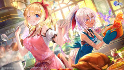 Rule 34 | 2girls, alternate costume, apron, arm garter, astoria (azur lane), azur lane, bandaid, bandaid on face, blonde hair, blue apron, blue eyes, blush, breasts, closed mouth, commentary, cooking, copyright name, cowboy shot, cranberry, crossed bangs, cup, dark-skinned female, dark skin, day, dress, drinking glass, dutch angle, english commentary, floral print, flower, food, foot out of frame, fruit, hair between eyes, hair ornament, hair ribbon, half updo, halterneck, heart, heart hair ornament, highres, hokuyuu, holding, holding ladle, indoors, kitchen, ladle, lemon, lemon slice, logo, long hair, medium breasts, medium hair, minneapolis (azur lane), multiple girls, official art, one eye closed, open mouth, oven mitts, pink apron, plate, ponytail, pot, purple eyes, red ribbon, ribbon, salad, salad bowl, second-party source, short shorts, shorts, silver hair, smile, spilling, steam, sunlight, thanksgiving, tongue, tongue out, turkey (food), watermark, white dress, white shorts, window, wine glass