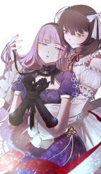 Rule 34 | 2girls, absurdres, black gloves, blush, bow, breasts, brown hair, china dress, chinese clothes, detached sleeves, dress, elbow gloves, floral print, gloves, green eyes, hair bow, hand in another&#039;s hair, heaven burns red, heterochromia, highres, higuchi seika, hiiragi kozue, hug, hug from behind, kjhg1108, large breasts, long hair, medium hair, multiple girls, pelvic curtain, purple hair, red ribbon, ribbon, white background, white bow, white dress, wide sleeves, yuri