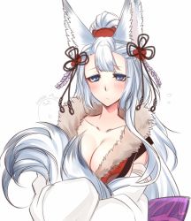 Rule 34 | 1girl, animal ears, blue hair, blush, breasts, closed mouth, commentary, eyeshadow, fox ears, fox tail, granblue fantasy, hair ornament, japanese clothes, kimono, konshin, large breasts, long hair, looking at viewer, makeup, purple eyes, simple background, societte (granblue fantasy), solo, tail, upper body, white background, white kimono