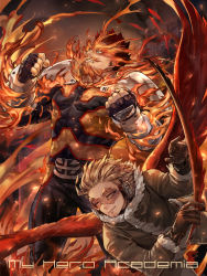 Rule 34 | 10s, 2boys, armor, belt, blonde hair, blue eyes, bodysuit, boku no hero academia, brown eyes, brown gloves, building, closed mouth, coat, endeavor (boku no hero academia), english text, eyewear on head, feathered wings, feathers, fingerless gloves, fire, fire, fur-trimmed coat, fur collar, fur trim, gauntlets, gloves, goggles, goggles on eyes, hawks (boku no hero academia), headphones, highres, holding, holding feather, large pectorals, long sleeves, looking to the side, multiple boys, night, outdoors, parted lips, pectorals, red hair, red wings, shinomaru, short hair, shoulder armor, smirk, thighs, wings, winter clothes, winter coat