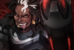Rule 34 | 1boy, ais illust, armor, black hair, commentary, dark-skinned male, dark skin, earrings, english commentary, gatling gun, highres, jewelry, looking back, male focus, mauga (overwatch), multicolored hair, overwatch, overwatch 2, piercing, red background, red eyes, solo, streaked hair, tongue, tongue out, twitter username, upper body, weapon