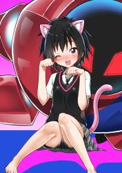 Rule 34 | 1girl, animal ears, barefoot, bike shorts, black hair, black neckwear, blush, cat ears, cat tail, eyes visible through hair, highres, knees together feet apart, looking at viewer, marvel, mecha, necktie, one eye closed, open mouth, paw pose, peni parker, pleated skirt, robot, round teeth, school uniform, short hair, skirt, smile, sp//dr, spider-man: into the spider-verse, spider-man (series), spider-verse, sweater, sweater vest, tail, teeth, yuto (dialique)