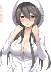 Rule 34 | 1girl, akahi242, blush, breasts, brown eyes, cleavage, dated, grey hair, hair between eyes, hair ornament, hairband, hairclip, haruna (kancolle), highres, hood, hooded sweater, kantai collection, large breasts, looking at viewer, one-hour drawing challenge, simple background, solo, sweater, twitter username, upper body, white background, white hairband, white sweater