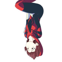 Rule 34 | 1girl, absurdres, animification, artist name, bodysuit, breasts, brown eyes, expressionless, hair behind ear, highres, looking ahead, marvel, mayday parker, medium breasts, red bodysuit, solo, spider-girl, spider-man (series), superhero costume, thejg, upside-down, v-shaped eyebrows