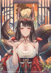 Rule 34 | 1girl, akagi (azur lane), akagi (dawn phoenix&#039;s summons) (azur lane), animal ear fluff, animal ears, artist name, azur lane, bare shoulders, breasts, brown hair, chinese clothes, chinese commentary, choker, cleavage, closed mouth, collarbone, commentary request, fox ears, fox tail, halterneck, hanfu, hanging scroll, headpiece, highres, jewelry, kitsune, kyuubi, large breasts, looking at viewer, multiple tails, nail polish, o-ring, o-ring choker, official alternate costume, red eyes, red nails, scroll, sking, sliding doors, smile, solo, tail, upper body, wide sleeves