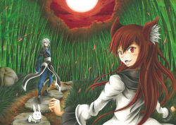 Rule 34 | 1boy, 1girl, ahoge, animal ears, bamboo, bamboo forest, brooch, brown hair, rabbit, choker, dress, forest, glasses, grass, hidefu kitayan, imaizumi kagerou, japanese clothes, jewelry, long hair, long sleeves, looking at viewer, marker (medium), moon, morichika rinnosuke, nature, red eyes, rock, short hair, silver hair, smile, touhou, traditional media, wide sleeves, wolf ears