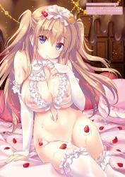 Rule 34 | 1girl, absurdres, bed sheet, bikini, blue eyes, blush, bow, bowtie, breasts, bridal gauntlets, brown hair, chocolate, covered erect nipples, cream, elbow gloves, finger to mouth, food, fruit, gloves, hair ribbon, highres, kino (kino konomi), large breasts, long hair, looking at viewer, navel, nipples, original, petals, pillow, ribbon, see-through silhouette, solo, strawberry, swimsuit, two side up, white bikini, white gloves, white legwear