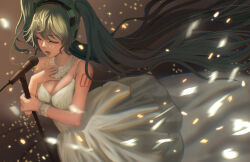 Rule 34 | 1girl, absurdres, bare shoulders, braid, breasts, cleavage, closed eyes, collarbone, detached collar, dress, dutch angle, eyelashes, floating hair, from above, green hair, hair between eyes, hand on own chest, hatsune miku, headphones, highres, holding, holding microphone stand, lace collar, large breasts, light particles, long hair, microphone, microphone stand, music, number tattoo, shoulder tattoo, sidelocks, single braid, sleeveless, sleeveless dress, solo, spaghetti strap, standing, tattoo, twintails, very long hair, vocaloid, white dress, wind, wrist cuffs, xiao huang