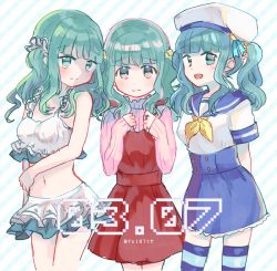 Rule 34 | 3girls, :d, blunt bangs, futaba sana, green eyes, green hair, hat, long sleeves, low twintails, magia record: mahou shoujo madoka magica gaiden, mahou shoujo madoka magica, multiple girls, multiple persona, open mouth, sailor collar, sailor hat, school uniform, short sleeves, smile, swimsuit, thighhighs, totte, twintails