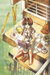 Rule 34 | 00s, 1girl, amano kozue, aria (manga), bag, barefoot, book, breasts, casual, coffee cup, computer, cup, diary, disposable cup, dress, exif thumbnail surprise, feet, from above, hair intakes, hair tubes, keyboard (computer), laptop, large breasts, legs, long hair, looking at viewer, looking up, mizunashi akari, official art, paper, plate, railing, red hair, saucer, shoes, short hair with long locks, sideboob, sitting, solo, toes, unworn shoes, unworn socks, water, white dress