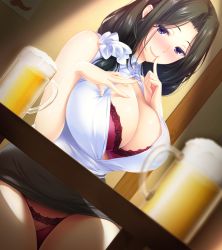 Rule 34 | 1girl, alcohol, beer, beer mug, black hair, black skirt, blush, bra, breasts, choco chip (ekitai idou), cleavage, closed mouth, collared shirt, cup, deep skin, dutch angle, finger to mouth, fingernails, game cg, hair ornament, hair over shoulder, hand up, highres, huge breasts, index finger raised, indoors, lace, lace-trimmed bra, lace-trimmed panties, lace trim, large breasts, long hair, looking at viewer, miniskirt, mug, naughty face, open clothes, open shirt, original, panties, pantyshot, parted bangs, pencil skirt, purple eyes, purple panties, red bra, scrunchie, shiny skin, shirt, shushing, sitting, skirt, sleeveless, sleeveless shirt, smile, solo, underwear, white scrunchie, white shirt, wing collar