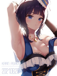 Rule 34 | 1girl, 2021, absurdres, adjusting hair, aqua flower, arm over head, arms behind head, artist name, artist request, asaka karin, bare shoulders, black gloves, blue corset, blue dress, blue eyes, blue feathers, blue flower, blue hair, blue hat, blush, bow, bracelet, breasts, cleavage, collarbone, corset, cross-laced clothes, cross-laced dress, dark blue hair, dress, elbow gloves, feather hair ornament, feathers, female focus, flower, frilled dress, frills, gloves, hair ornament, hairclip, hairpin, half-closed eyes, hands over head, hat, hat flower, highres, jewelry, lace, lace-trimmed gloves, lace trim, large breasts, looking at viewer, love live!, love live! nijigasaki high school idol club, love live! school idol festival, medium breasts, medium hair, mini hat, mole, mole on body, mole on breast, navel, necklace, parted lips, pearl bracelet, plaid, plaid dress, pleated, pleated dress, purple bow, purple hair, short hair, simple background, sleeveless, sleeveless dress, smile, solo, starlight (love live!), strapless, strapless dress, upper body, white background