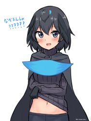 Rule 34 | 1girl, :d, absurdres, black cape, black eyes, black gloves, black hair, black sweater, blush, cape, clothes lift, cowboy shot, gloves, hair between eyes, highres, kemono friends, looking at viewer, midriff peek, navel, open mouth, ribbed sweater, shiraha maru, short hair, simple background, smile, solo, superb bird-of-paradise (kemono friends), sweater, sweater lift, translated, turtleneck, turtleneck sweater, twitter username, white background