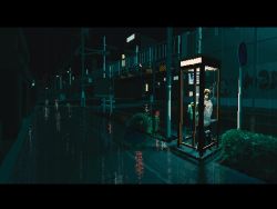 Rule 34 | 1girl, animated, animated gif, black hair, bridge, cinemagraph, city, graffiti, hands up, letterboxed, long sleeves, looping animation, lowres, motocross saito, night, original, outdoors, payphone, phone, phone booth, pixel art, plant, power lines, rain, reflection, road, road sign, scenery, sign, solo, standing, street, wet pavement, wide shot