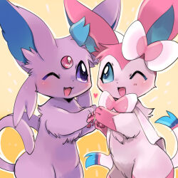 Rule 34 | blue eyes, blush, bow, choko (sweetpocket), creatures (company), espeon, fang, forehead jewel, forked tail, game freak, gen 2 pokemon, gen 6 pokemon, highres, nintendo, no humans, one eye closed, open mouth, pokemon, pokemon (creature), purple eyes, ribbon, sidelocks, smile, sylveon, tail, wink