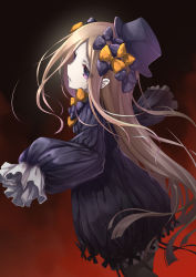 Rule 34 | 1girl, abigail williams (fate), black background, black pantyhose, blonde hair, blue dress, bow, commentary, dress, eyes visible through hair, fate/grand order, fate (series), feet out of frame, frilled dress, frilled sleeves, frills, from behind, hair bow, hands in opposite sleeves, hat, highres, long hair, long sleeves, looking at viewer, looking back, multicolored background, orange bow, outstretched arms, pantyhose, parted lips, pleated dress, pleated sleeves, polka dot, polka dot bow, purple bow, purple eyes, red background, ribbon-trimmed dress, solo, straight hair, top hat, yashiro