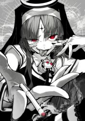Rule 34 | 1girl, 1other, aimaina, bandaid, bandaid on face, between fingers, blunt bangs, capelet, cigarette, claw ring, commentary, dress, facial mark, fingers to cheek, forehead mark, foreshortening, greyscale, habit, halo, hand up, hatsune miku, highres, holding, holding cigarette, kamippoina (vocaloid), lace, lace-trimmed thighhighs, long hair, looking at viewer, momo jiru, monochrome, nail polish, neck ribbon, nun, outstretched hand, parted bangs, piercing, reaching, reaching towards viewer, red eyes, ribbon, ringed eyes, sanpaku, sleeveless, sleeveless dress, smirk, smoke, smoke trail, spot color, thigh strap, thighhighs, tongue, tongue out, tongue piercing, uneven eyes, vocaloid, wrist cuffs