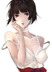 Rule 34 | 1girl, arm up, bare shoulders, bow, braid, breasts, brown hair, catherine, catherine (cosplay), catherine (game), cleavage, collar, collarbone, commentary, company connection, cosplay, crown braid, english commentary, hand on own face, highres, lips, looking at viewer, medium breasts, niijima makoto, persona, persona 5, pertex 777, red bow, red eyes, red ribbon, ribbon, short hair, simple background, solo, white background, white collar