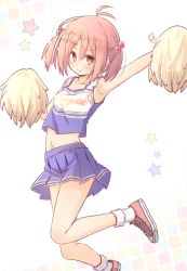 Rule 34 | 1girl, antenna hair, armpits, bare shoulders, blue skirt, blue tank top, blush, bobby socks, brown eyes, brown hair, cheerleader, closed mouth, commentary request, fujisaki yuu, hair between eyes, hair bobbles, hair ornament, hairclip, holding, looking at viewer, midriff, navel, original, outstretched arm, pleated skirt, pom pom (cheerleading), red footwear, shoes, skirt, smile, socks, solo, star (symbol), starry background, tank top, twintails, white background, white socks