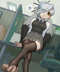 Rule 34 | 1girl, black thighhighs, breasts, brown eyes, chair, crossed legs, cubicle, dutch angle, feathered wings, female focus, grey skirt, hair bun, hair over one eye, harpy, highres, indoors, monster girl, necktie, office chair, on table, original, parted lips, silver hair, single hair bun, sitting, skirt, solo, sparrowl, spoken squiggle, squiggle, swivel chair, table, thighhighs, toeless legwear, vest, wings