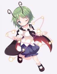 Rule 34 | antennae, beni shake, black cape, black footwear, black neckerchief, blue shorts, buttons, cape, collared shirt, full body, green eyes, green hair, highres, light particles, long sleeves, mary janes, neckerchief, official art, one eye closed, red cape, shirt, shoes, short hair, shorts, simple background, socks, strange creators of outer world, third-party source, touhou, two-sided cape, two-sided fabric, white shirt, white socks, wriggle nightbug