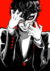 Rule 34 | 10s, 1boy, amamiya ren, black background, black hair, blood, curly hair, grey eyes, grin, kogashirou, looking at viewer, male focus, mask, persona, persona 5, red background, school uniform, simple background, smile, solo, two-tone background, upper body