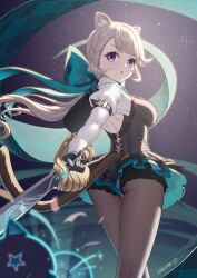 Rule 34 | 1girl, animal ears, ass, bow, breasts, cat ears, cat girl, cat tail, facial mark, genshin impact, gloves, grey hair, highres, holding, holding sword, holding weapon, long hair, long sleeves, looking at viewer, lynette (genshin impact), medium breasts, pantyhose, purple eyes, satomi (745684552), solo, star (symbol), star facial mark, sword, tail, weapon