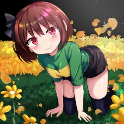 Rule 34 | 1girl, all fours, artist name, black background, black bow, black ribbon, black shorts, black thighhighs, blush, bob cut, bow, breasts, brown footwear, brown hair, chara (undertale), closed mouth, commentary, crawling, dark, eyelashes, field, flower, flower field, grass, green shirt, hair bow, hair ribbon, hands on ground, head tilt, looking at viewer, outdoors, petals, red eyes, ribbon, shirt, shoes, short hair, short sleeves, shorts, signature, single horizontal stripe, small breasts, smile, solo, sparkle, thighhighs, undertale, yellow flower, yellow shirt, yuzero2001, zettai ryouiki