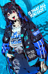 Rule 34 | 1girl, absurdres, animal print, artist name, belt, belt buckle, black belt, black hair, black horns, black jacket, black pants, blue hair, blue nails, breasts, broken horn, buckle, clothes writing, colored inner hair, cross, cross necklace, defaultz, earrings, english text, eyelashes, facial mark, fangs, fish print, hair ornament, hand in pocket, hand tattoo, heart, heart facial mark, highres, holding, holding phone, hololive, hololive english, horn flower, horns, jacket, jewelry, large breasts, long hair, multicolored hair, neck tattoo, necklace, nerissa ravencroft, open clothes, open jacket, pants, phone, red eyes, shirt, solo, tattoo, teeth, tongue, tongue out, virtual youtuber, white shirt